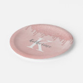 Girly Blush Roze Monogram Druppelende Glitter Papieren Bordje (Gekanteld)