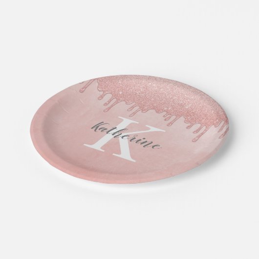 Girly Blush Roze Monogram Druppelende Glitter Papieren Bordje (Gekanteld)