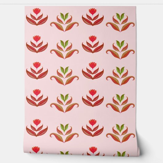 Girly Blush Roze Schattige Bloemen Folk Art Print Behang (Afrollen)