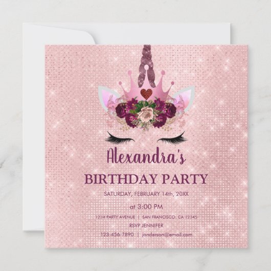 Girly Blush Roze Sparkle Eenhoorn Verjaardagsfeest Kaart (Voorkant)