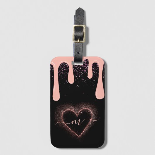 Girly Blush Roze Verf Drip Glitter Monogram Bagagelabel (Voorkant (verticaal))