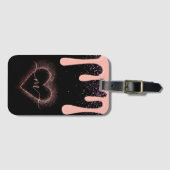 Girly Blush Roze Verf Drip Glitter Monogram Bagagelabel (Voorkant (horizontaal))
