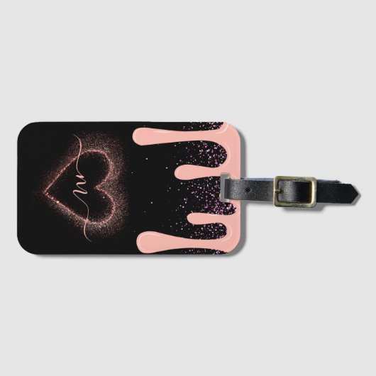 Girly Blush Roze Verf Drip Glitter Monogram Bagagelabel (Voorkant (horizontaal))