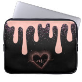 Girly Blush Roze Verf Drip Glitter Monogram Laptop Sleeve (Voorkant)