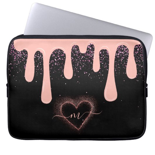 Girly Blush Roze Verf Drip Glitter Monogram Laptop Sleeve (Voorkant)