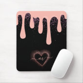 Girly Blush Roze Verf Drip Glitter Monogram Onderl Muismat (Met muis)