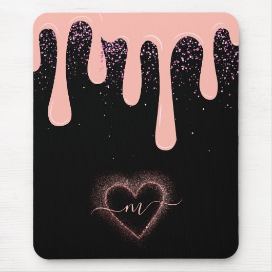 Girly Blush Roze Verf Drip Glitter Monogram Onderl Muismat (Voorkant)