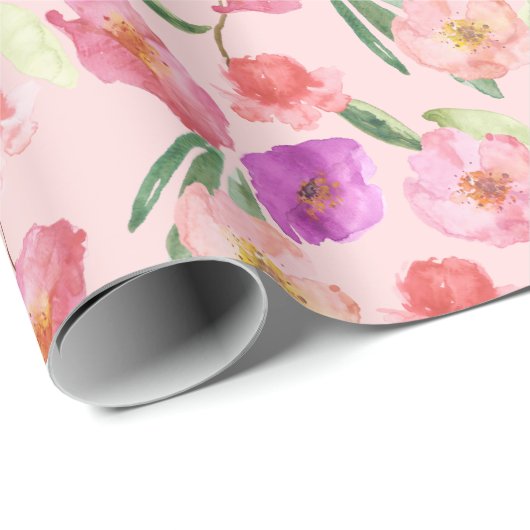 Girly Blush Roze Waterverf Flowers Cadeaupapier (Rol Hoek)