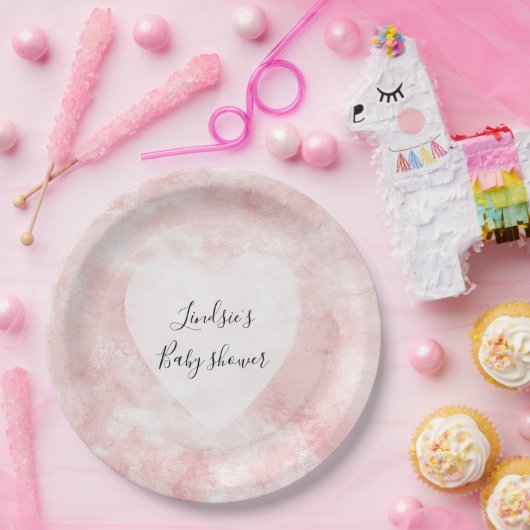 Girly Blush Roze Wit Waterverf Hart Papieren Bordje (Feest)