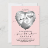 Girly Blush Silver Foil Heart Balloon Quinceañera Kaart (Voorkant)