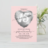 Girly Blush Silver Foil Heart Balloon Quinceañera Kaart (Staand voorkant)