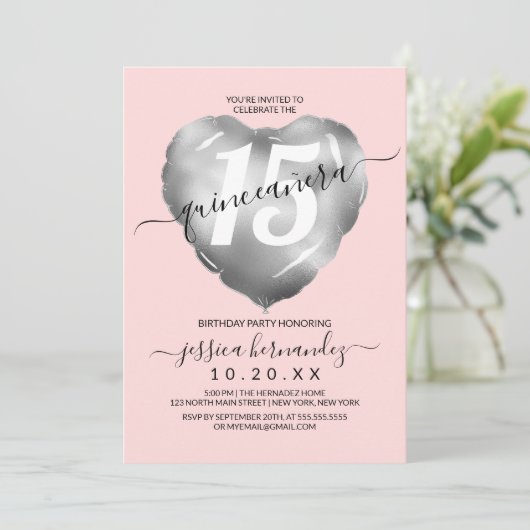 Girly Blush Silver Foil Heart Balloon Quinceañera Kaart (Staand voorkant)
