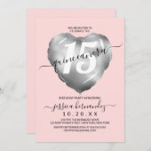 Girly Blush Silver Foil Heart Balloon Quinceañera Kaart (Voorkant / Achterkant)