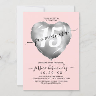 Girly Blush Silver Foil Heart Balloon Quinceañera Kaart