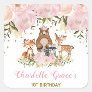 Girly Blush Woodland Verjaardag Bloemen Party Favo Vierkante Sticker