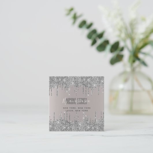 Girly Blush Zilver Glittery Oogdruppels Art Make-u Vierkante Visitekaartje (Staand voorkant)