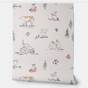 Girly Boerderij Animal Toile (roze, gebroken wit) Behang