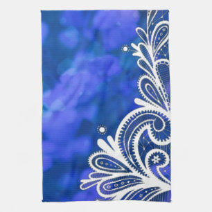Girly bohemian chic blauw bloemen witte kant theedoek