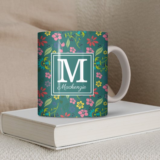Girly Bohemian Colorful Flowers Monogram Koffiemok