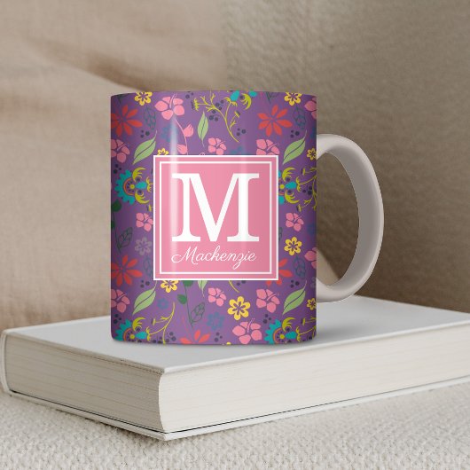 Girly Bohemian Colorful Flowers Monogram Koffiemok