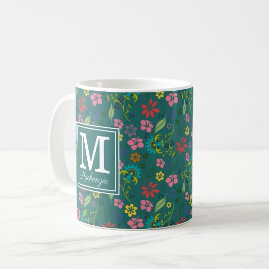 Girly Bohemian Colorful Flowers Monogram Koffiemok (Voorkant links)