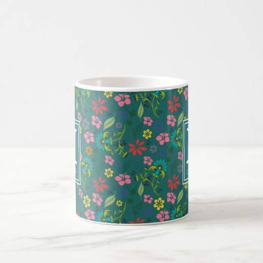 Girly Bohemian Colorful Flowers Monogram Koffiemok (Center)