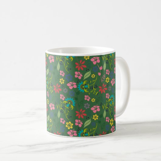 Girly Bohemian Flowers Forest Green and Pink Koffiemok (Voorkant rechts)