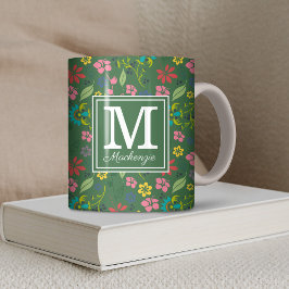 Girly Bohemian Flowers Forest Green Monogram Koffiemok
