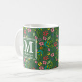 Girly Bohemian Flowers Forest Green Monogram Koffiemok (Voorkant links)