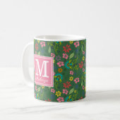 Girly Bohemian Flowers Forest Green Pink Monogram Koffiemok (Voorkant links)