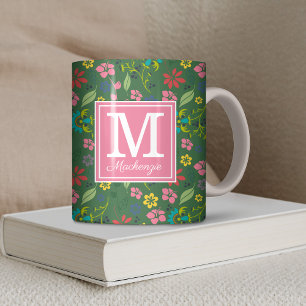Girly Bohemian Flowers Forest Green Pink Monogram Koffiemok