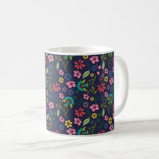 Girly Bohemian Flowers Navy Blauw en Roze Koffiemok (Voorkant rechts)