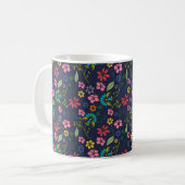 Girly Bohemian Flowers Navy Blauw en Roze Koffiemok (Voorkant links)