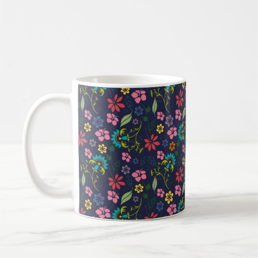Girly Bohemian Flowers Navy Blauw en Roze Koffiemok (Links)