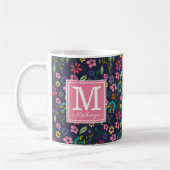 Girly Bohemian Flowers Navy Blue | Roze monogram Koffiemok (Links)