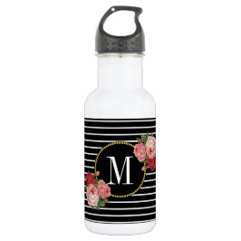Girly Boho Classy Zwart Gestreept Bloemen Monogram Waterfles