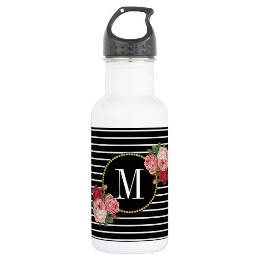 Girly Boho Classy Zwart Gestreept Bloemen Monogram Waterfles (Voorkant)