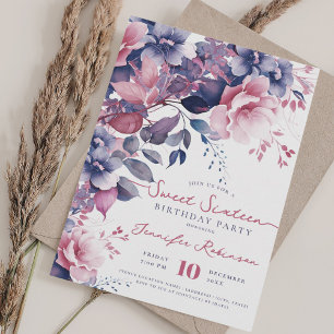 Girly Boho Paarse Bloemenzoet 16 Verjaardagsfeest Kaart