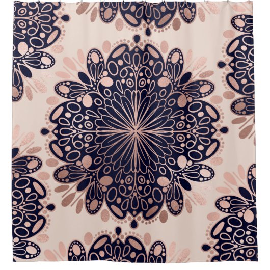 Girly Boho Roos Goud Blush Roze Navy Mandala's Douchegordijn (Voorkant)