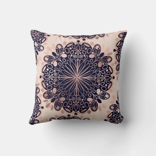 Girly Boho Roos Goud Blush Roze Navy Mandala's Kussen (Achterkant)