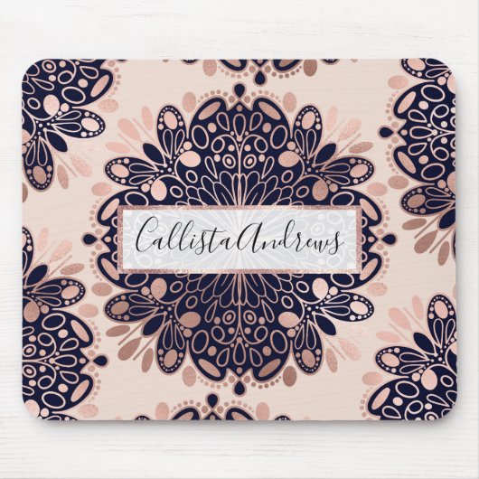 Girly Boho Roos Goud Blush Roze Navy Mandala's Muismat (Voorkant)