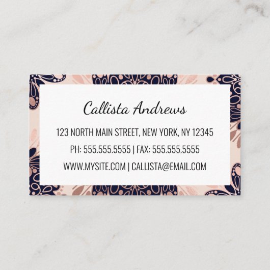 Girly Boho Roos Goud Blush Roze Navy Mandala's Visitekaartje (Achterkant)