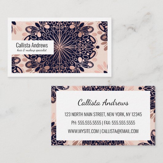 Girly Boho Roos Goud Blush Roze Navy Mandala's Visitekaartje (Voorkant / Achterkant)