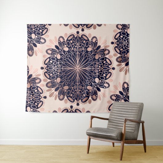 Girly Boho Roos Goud Blush Roze Navy Mandala's Wandkleed (In Situ (horizontaal))