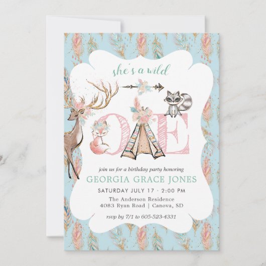 Girly Boho Wild One Verjaardagsfeest Uitnodiging (Voorkant)