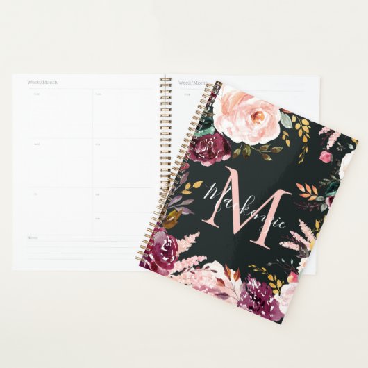 Girly Bold Roze Bourgogne Gouden Folie Bloemmonogr Planner (Display)