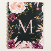 Girly Bold Roze Bourgogne Gouden Folie Bloemmonogr Planner (Voorkant)