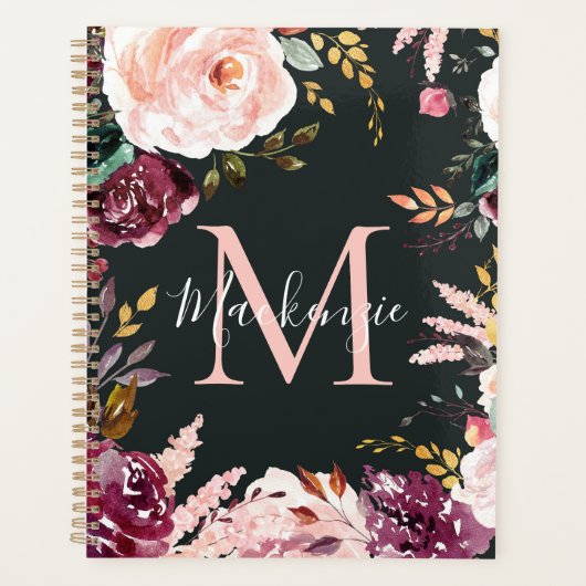 Girly Bold Roze Bourgogne Gouden Folie Bloemmonogr Planner (Voorkant)
