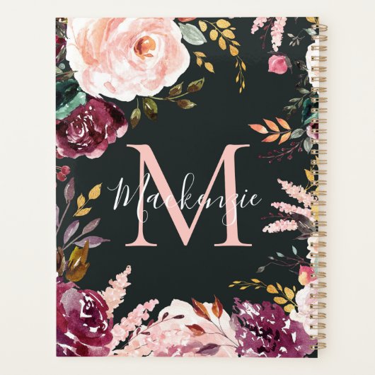 Girly Bold Roze Bourgogne Gouden Folie Bloemmonogr Planner (Achterkant)