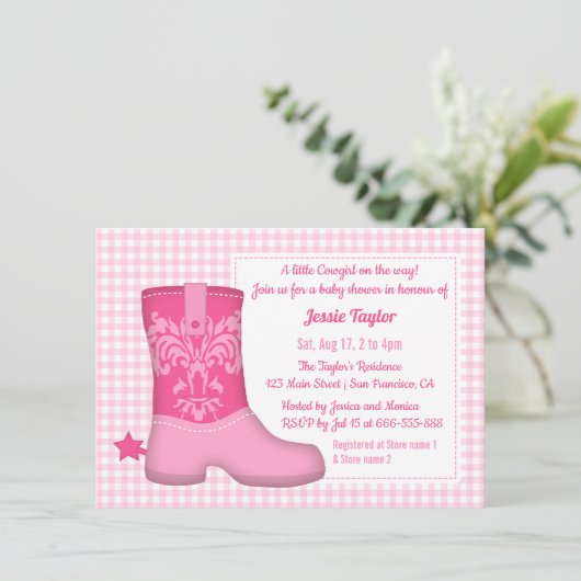 Girly Boot Western Theme Baby Shower Uitnodigingen (Staand voorkant)